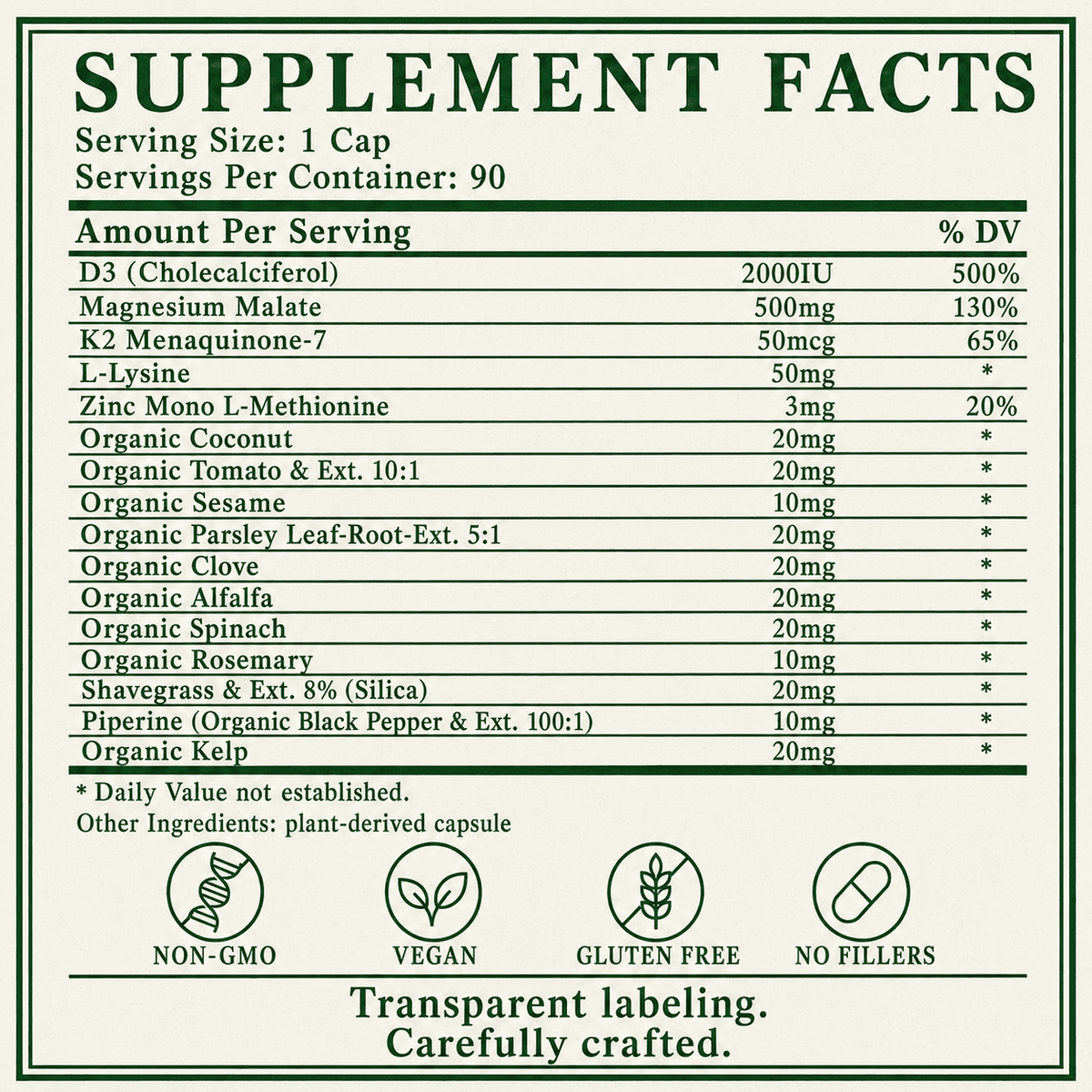 Vitamin D3 - Complete Supplement Facts panel, serving size one capsule and 90 servings per bottle