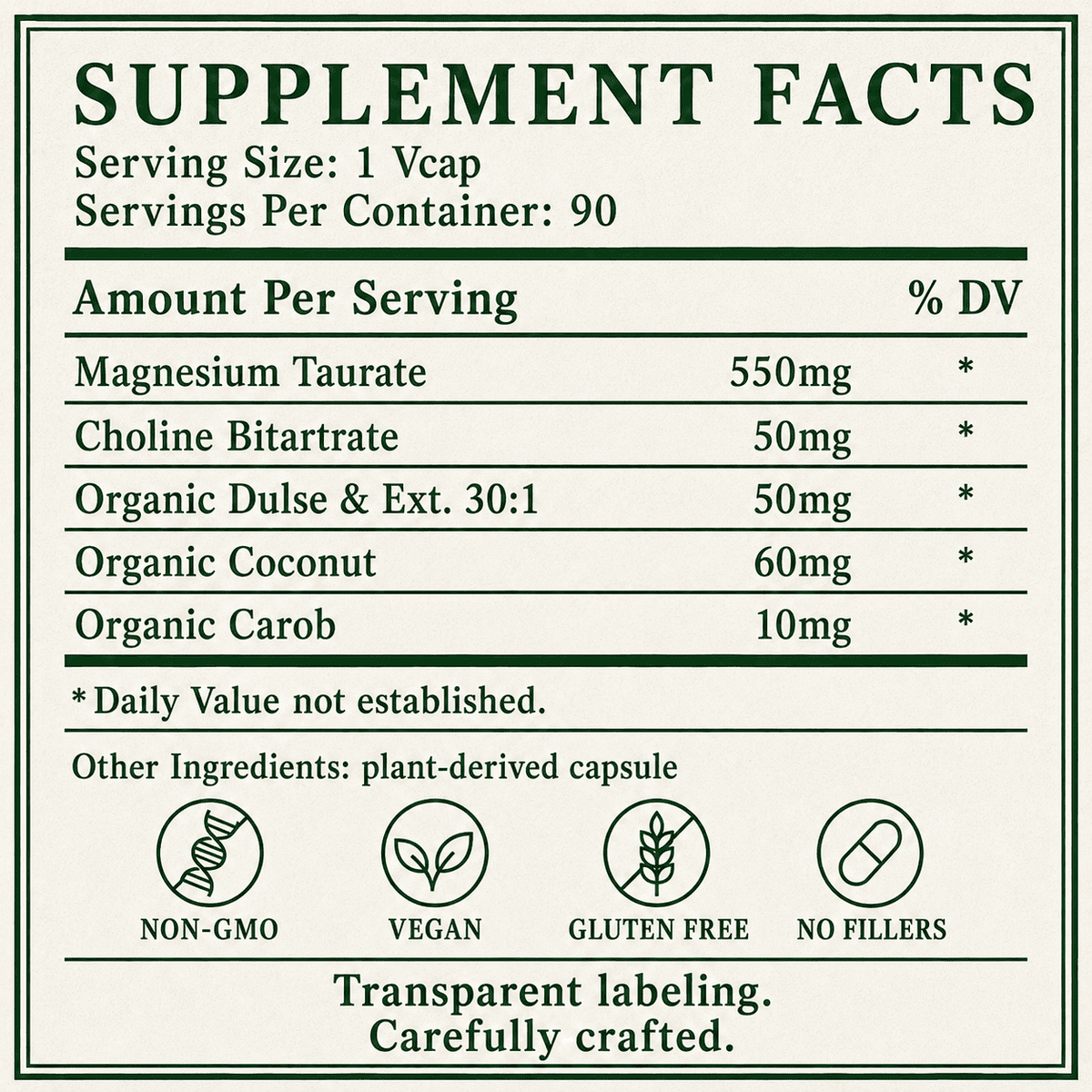 Magnesium Taurate Supplement Facts panel, serving size one capsule and 90 servings per bottle
